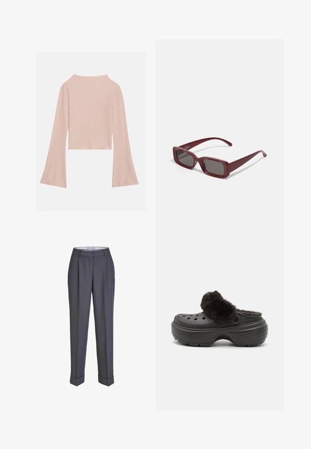 Light pink long-sleeve crop top made of textured fabric, featuring wide sleeves and a subtle sheen. Rounded neckline at back.; Dark gray tailored trousers with a straight-leg design, pleated front, and turn-up cuffs. Made from smooth fabric, featuring a classic waistband.; Black clogs with a soft, fuzzy upper band, featuring perforations on the front and a textured heel for grip. Lightweight and slip-on design.; Burgundy rectangular sunglasses with dark lenses, thick frames, and tapered temples. Made of glossy plastic with a smooth texture.; Burgundy leather handbag with gold clasp, structured shape, top handle, and adjustable shoulder strap. Model wears a denim jacket.