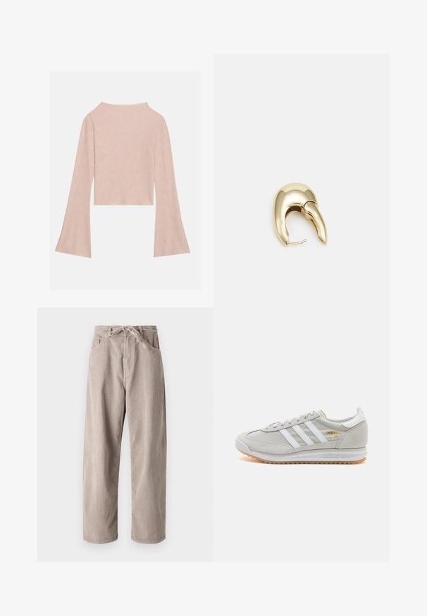 Svetlo roza dolgi rokavi kratka majica iz teksturiranega blaga, z širokimi rokavi in subtilnim sijajem. Okrgljena ovratnica na hrbtu.; Beige kordurojske hlače s sproščenim krojem, ki imajo vrvico za prilagajanje pasu, dva sprednja žepa in vertikalno rebrasto teksturo.; Svetlo sivi tenisice od antilopa i mrežaste tkanine, s tri bijele pruge, okruglim vrhom i gumenim potplatom. Zlatni logo akcent blizu vezica.; Uhane nakit iz zlatastega tona z gladko, ukrivljeno zasnovo. Ima edinstveno koničasto obliko, polirano površino in zaponko s tečajem.