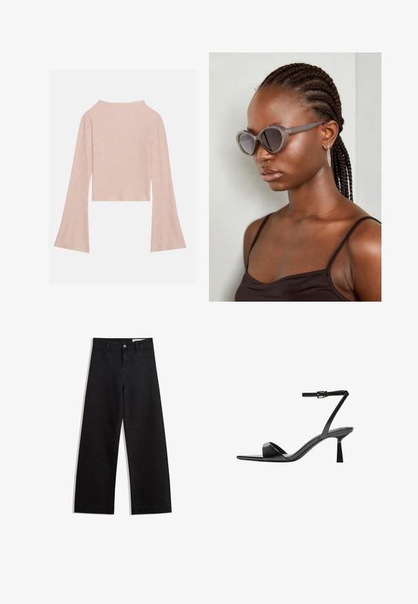 Top scurt cu mânecă lungă de culoare roz deschis, realizat dintr-un material texturat, având mâneci ample și un luciu subtil. Decolteu rotund în spate.; Pantaloni din denim negri cu picioare largi, cu talie înaltă, având buzunare frontale și posterioare, cusături dublate și închidere cu nasture. Textură netedă.; Bershka Sandale cu toc - black; Ochelari de soare supradimensionați gri, cu formă rotundă și lentile închise la culoare. Rame din plastic elegante, cu un finisaj neted. Modelul are părul împletit.; Bershka WITH CHAIN - Geantă de mână - black