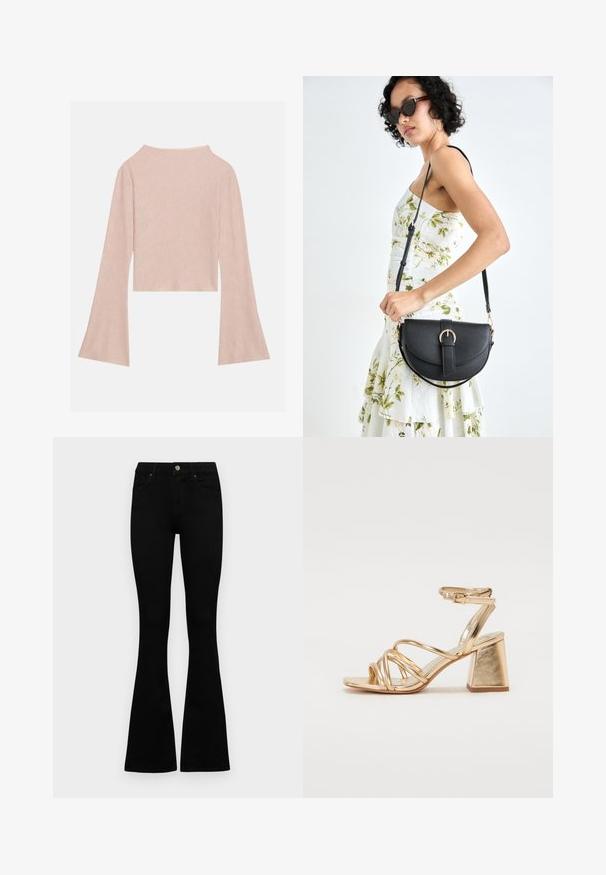 Light pink long-sleeve crop top made of textured fabric, featuring wide sleeves and a subtle sheen. Rounded neckline at back.; Black high-waist jeans with a button and zip closure, front pockets, and flared legs laid flat on a white background.; Gold metallic heeled sandals featuring a strappy design, square block heel, and adjustable ankle strap with a buckle. Smooth texture.; Black leather handbag with a curved shape, detachable strap, and gold hardware. The bag features a flap with a buckle detail.