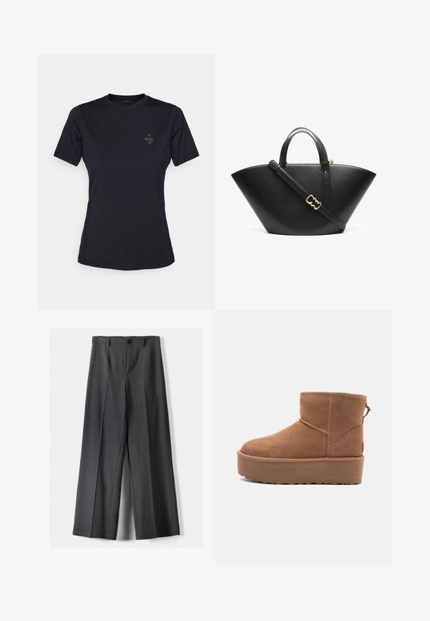 Fekete rövid ujjú póló, puha anyagból készült, kerek nyakk kivágással és egy kicsi, azonos színű logóval a bal felső mellrészen.; Széles szárú nadrág sötétszürke anyagból, gombos záródással, elülső redőkkel és övhurkokkal. Simára kialakított textura, igényes szabással.; Barna suede bokacsizma platform talppal, lekerekített orral és varrás részletekkel; a hátsó részen húzófül található a könnyű felhúzás érdekében.; Fekete bőr tote táska széles, szögletes formával. Két felső fogantyúval és állítható vállpánttal rendelkezik, arany színű fém részletekkel.