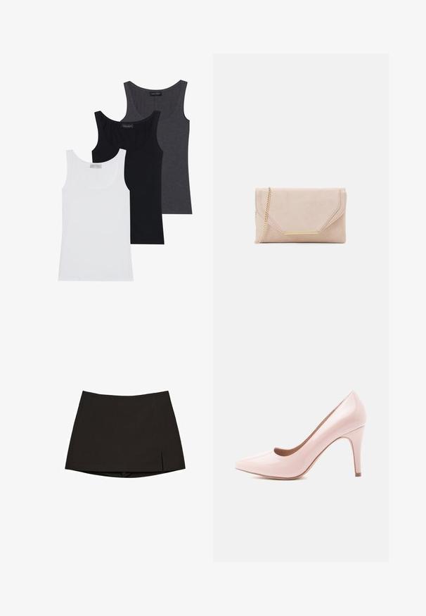 Tričko bez rukávov v bielej, čiernej a tmavošedej farbe s vykrojeným dekoltom, vyrobené z mäkkej a elastickej látky. Na každom sú viditeľné štítky.; Čierna mini sukňa z hladkej látky, so strihom na rovno, s bočnými rozparkami a čistým lemom. Jednoduchá a univerzálna.; Ružové lakované lodičky na vysokom podpätku s špicatou špičkou a elegantným siluetom, ktoré majú 10-centimetrový stiletto podpätok a hladký povrch.; Béžová zamková kabelka so zlatým reťazovým ramienkom a obdĺžnikovým kovovým detailom. Obsahuje preklápaciu chlopňu s ostrými hranami a prešívaním.