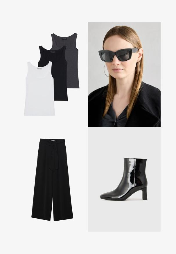 Three tank tops in white, black, and dark gray, featuring a scoop neckline and made from a soft, stretchy fabric. Tags visible on each.; Black wide-leg pants featuring a textured fabric, an elastic waistband, and a detachable sash tie at the waist for adjustable fit.; Black patent leather ankle boot with a pointed toe and a mid-height block heel. Smooth texture and minimalist design.; Black cat-eye sunglasses with dark lenses, thick frames, and subtle accents. Worn with a black coat and gray top, featuring long straight hair.