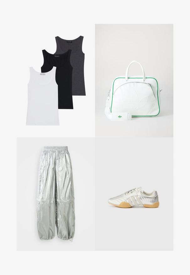 Three tank tops in white, black, and dark gray, featuring a scoop neckline and made from a soft, stretchy fabric. Tags visible on each.; Silver lightweight cargo pants with a shiny texture, elastic waistband, gathered cuffs, and two large front pockets.; Silver athletic shoe with a smooth leather upper, rubber sole, and textured accents. Features curved design and tonal laces.; White leather bag with green trim, featuring a prominent embossed logo, dual handles, a detachable strap, and a zippered front pocket.