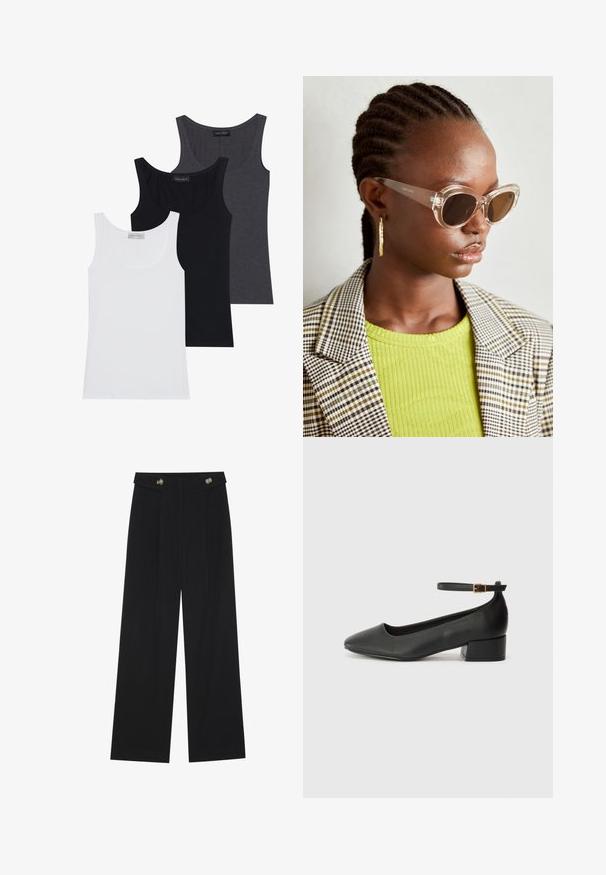 Trys marškiniai be rankovių: balti, juodi ir tamsiai pilki, su apvaliu iškirpimu ir pagaminti iš minkštos, tamprios medžiagos. Kiekviename yra matomi etiketės.; Juodi plačios kojos kelnės su aukštu liemeniu, sagų detalėmis ant liemens ir priekinėmis raukšlėmis.; Juodas odinis aukštakulnis batelis su smailiu pirštu ir žemu bloku. Su kulkšnies dirželiu su auksinės spalvos sagtimi. Lygus paviršius.; Skaidrios katės akių saulės akiniai su ruda objektyvo spalva ir skaidriais rėmeliais. Modelis vilki žalią raštuotą viršutinę dalį ir languotą švarką. Auksinės apskritos auskarai.