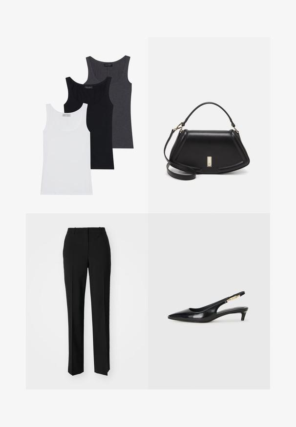Tres camisetas sin mangas en blanco, negro y gris oscuro, con un escote en forma de scoop y hechas de una tela suave y elástica. Etiquetas visibles en cada una.; Pantalones negros ajustados con un diseño de pierna recta, que presentan una textura suave y pliegues nítidos en el frente. Sin herrajes visibles.; Tacones negros de piel sintética tipo slingback con punta afilada, que cuentan con un tacón delgado y un detalle en tono dorado en la correa ajustable. Textura suave.; Bolso de mano de cuero negro con un diseño estructurado, que presenta una forma recortada, asa superior y acentos en dorado. Correa de hombro ajustable incluida.