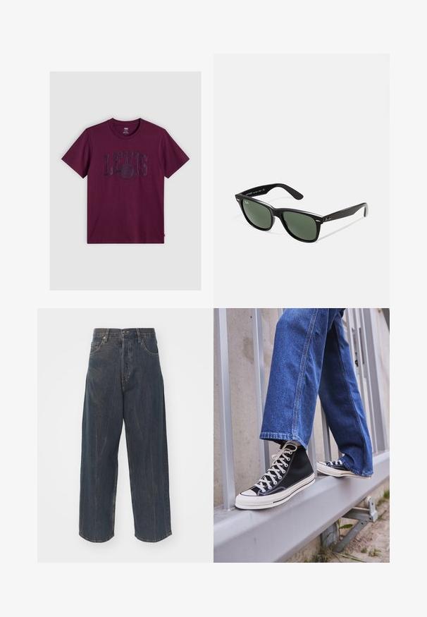 Burgundy T-shirt made of cotton, featuring a large, embossed LEVI'S logo across the chest. Classic crew neckline and short sleeves.; Wide-leg dark blue denim jeans with subtle distressed texture, five pockets, and a classic button and zipper closure at the waist.; Black high-top sneakers with white sole and laces, paired with loose blue denim jeans, resting on a gray railing.; Black plastic sunglasses with green lenses, square frames, silver accent on the brow, and textured temple arms. Stated brand on inner arm.