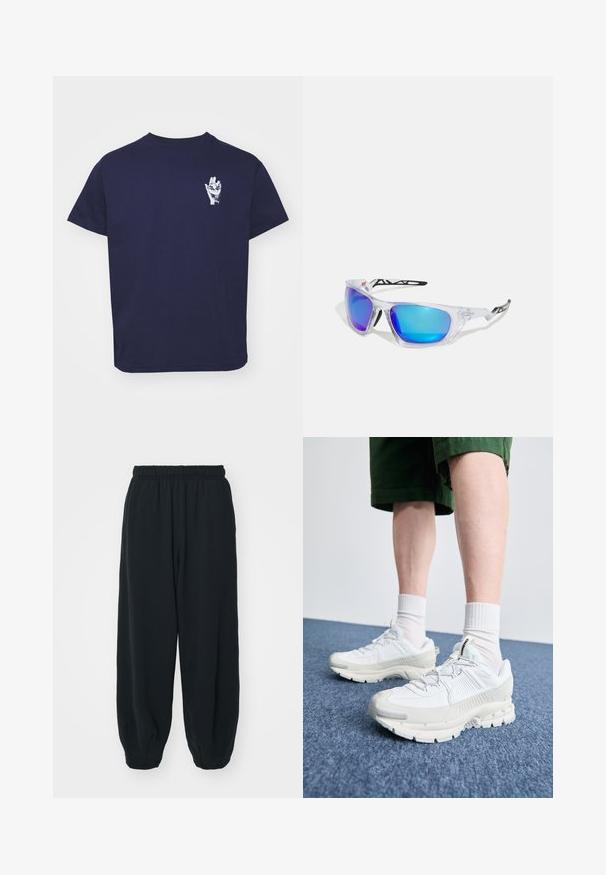 Jūras zilas kokvilnas T-krekls ar īsām piedurknēm un apkakli. Priekšējā kreisā krūšu daļā ir baltas rokas grafika.; Melnas sporta bikses ar elastīgu jostasvietu, brīvu piegriezumu, aprocēm ap potītēm, gludu tekstūru, un bez redzamām rakstu vai aparatūras akcentiem.; Baltas sporta apavi ar teksturētām detaļām, masīvu zoli un pelēkiem akcentiem. Valkāti ar baltiem zeķu pēdu apģērbiem un zaļām šortiem uz zilas virsmas.; Sporta saulesbrilles ar caurspīdīgām rāmēm, zilām un purpursarkanām spoguļlēcām, stūra dizainu un melniem akcentiem uz tempļiem.