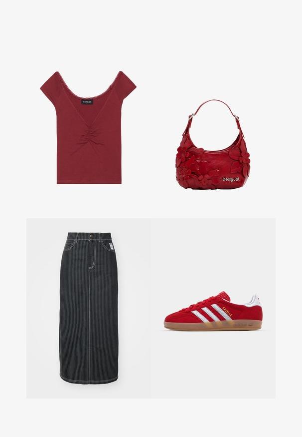Top aderente color malva con maniche corte, scollatura a girocollo, dettaglio centrale arricciato e bordo ondulato lungo il collo e le maniche.; Gonna midi in denim nero con strisce verticali bianche. Presenta una vita con bottoni, due tasche anteriori e cuciture a contrasto. Design a taglio dritto.; Sneaker in suede rosso con design a tre strisce bianche e testo "Gazelle" in oro. Presenta una suola in gomma color cuoio e un tallone testurizzato.; Borsa in pelle rossa con design di applicazioni floreali, forma curvata e manico corto. Finiture in argento e il nome del marchio "Desigual" in evidenza.