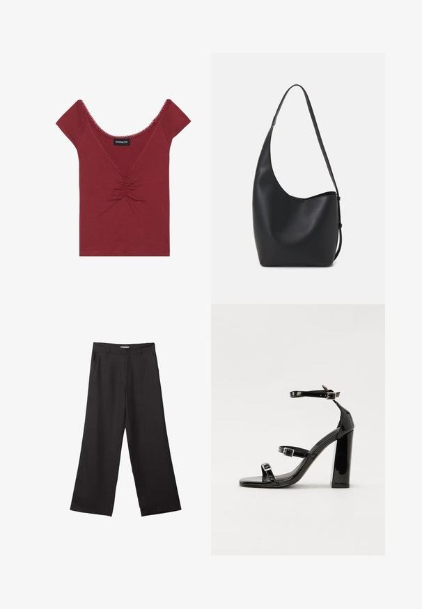 Fialové upnuté tričko s krátkými rukávy, kulatým výstřihem, naředěným středovým detailem a vlnitým lemem kolem výstřihu a rukávů.; Černé široké kalhoty vyrobené z hladké tkaniny, s předním zipem a dvěma bočními kapsami, s dobře padnoucím střihem a minimalistickým designem.; Černé lakované sandály na podpatku se čtveratou špičkou, lýtkovými pásky a stříbrnými přezkami. Disponují masivním blokovým podpatkem pro stabilitu.; Černá kožená hobo taška s hladkým povrchem, zakřiveným tvarem a jedním nastavitelným popruhem; má široké otevírání nahoře.