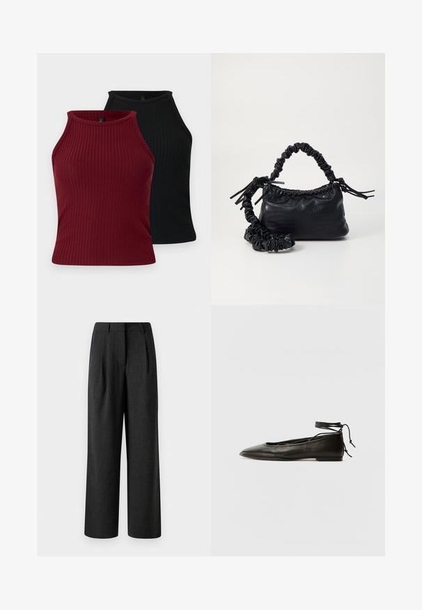 Kaks ribaga varustatud särk: üks burdeos ja teine must. Mõlemal on kõrge kaelus ning need on kehakujulised ja sileda tekstuuriga.; Mustad laiad püksid, mis on valmistatud tekstureeritud kangast, esifaldid ja kohandatud vöökoht, loodud vabaks istuvuseks.; Must mustast balletijalatsid, millel on terav nina, pahkluu seotud ja lame tall, sujuva tekstuuri ning minimalistlik disain.; Must must sünteetilisest nahast käekott, millel on krokodillimuster, kokku tõmmatav ülaosa ja kortsus rihm. Tundub pehme ja kompaktne disain.
