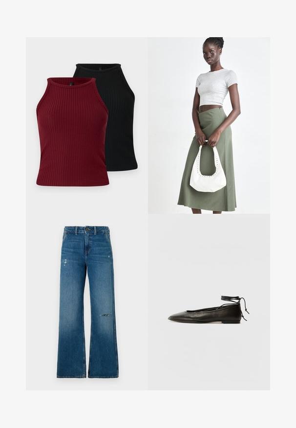 Du harmoningi marškiniai: vieni bordo, kiti juodi. Abu turi aukštą kaklą, prigludusią formą ir lygų paviršių.; Mėlyni džinsai su plačiomis kojomis, turintys nusidėvėjusį tekstūrą, su dviem suplėšytais plotais priekyje, mygtuko uždarymu ir penkių kišenių dizainu.; Juodi odiniai balerinų bateliai su smailiu pirštu, kulkšnies raiščiu ir plokščiu padu, pasižymintys lygiu paviršiumi ir minimalizmo dizainu.; Pilka juostuota trumpa palaidinė ir alyvuogių žalios spalvos aukšto liemens sijonas. Modelis laiko baltą petį krepšį su išpjovomis. Paprastas dizainas, prigludusi siluetas.