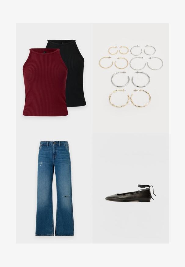 Două topuri de tip tank cu nervuri: unul burgund și unul negru. Ambele au un gât înalt, cu o formă ajustată și o textură netedă.; Jeanși largi din denim albastru cu o textură decolorată, având două zone uzate în față, închidere cu buton și un design cu cinci buzunare.; Balerini din piele neagră, cu vârf ascuțit, șnur pentru glezna și talpă plată, având o textură netedă și un design minimalist.; Set de douăsprezece cercei cercei în nuanțe de argint și aur. Include modele răsucite, netede și texturate, cu dimensiuni și finisaje variate.