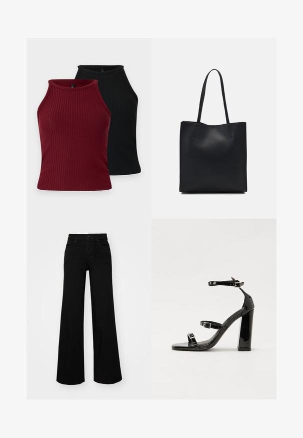 Two ribbed tank tops: one burgundy and one black. Both feature a high neckline with a fitted form and smooth texture.; Black wide-leg pants made of denim, featuring a structured waistband, belt loops, and front pockets. Smooth texture with a classic design.; Black patent heeled sandals with a square toe, ankle straps, and silver buckles. Features a chunky block heel for stability.; Black leather tote bag with smooth texture, rectangular shape, and two long handles. No visible hardware or embellishments.
