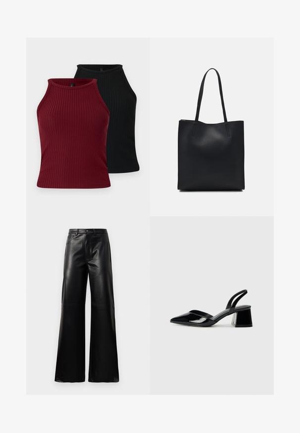 Dva rebrované tielka: jedno burgundské a jedno čierne. Obe majú vysoký výstrih s priliehavým strihom a hladkou textúrou.; Čierne vysokopriestené široké nohavice z umelého kože s predným gombíkom, zipsom, pútkami na opasok a bočnými vreckami na bielom pozadí.; Čierne lakované kožené sandálové podpätky s špicatou špičkou a geometrickým blokovým podpätkom. Disponujú elegantným, minimalistickým dizajnom a hladkým povrchom.; Čierna kožená taška na rameno s hladkým povrchom, obdĺžnikovým tvarom a dvoma dlhými uchami. Bez viditeľného kovania alebo ozdôb.