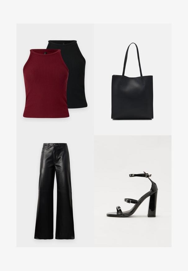 Dos camisetas sin mangas acanaladas: una burdeos y otra negra. Ambas presentan un escote alto con una forma ajustada y una textura suave.; Pantalones de imitación de cuero negros de cintura alta y pierna ancha con botón frontal, cierre de cremallera, pasadores para cinturón y bolsillos laterales sobre fondo blanco.; Sandalias de tacón de charol negro con punta cuadrada, correas en el tobillo y hebillas plateadas. Presentan un tacón grueso para mayor estabilidad.; Bolso tote de cuero negro con textura lisa, forma rectangular y dos asas largas. Sin herrajes ni adornos visibles.