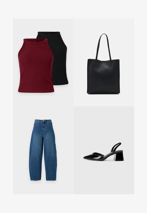 Dois tops de malha com canelado: um em borgonha e outro em preto. Ambos possuem um decote alto, com um corte ajustado e textura suave.; Denim jeans em um tom de azul médio, apresentando uma cintura alta, corte largo e design padrão de cinco bolsos com detalhes de costura visíveis.; Sandy em verniz preto com salto slingback, ponta afilada e salto geométrico. Apresenta um design elegante e minimalista com textura suave.; Bolsa tote preta em couro com textura lisa, forma retangular e duas alças longas. Sem hardware ou enfeites visíveis.