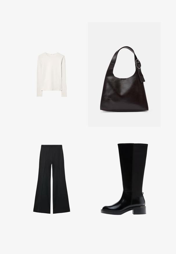 Langærmet top i lys beige bomuld. Rund hals med lige kant, minimale syninger og glat tekstur. Enkel design uden mønstre eller dekorative elementer.; Sorte brede bukser med en glat tekstur, der har fremadrettede folder og en skræddersyet design. Stofferne er lette og flerdimensionelle.; Sort knæhøj støvle med glat læderfinish, tydelig syning, en klodset hæl og en struktureret bagpanel for ekstra interesse.; Brun læder skuldertaske med en glat tekstur, rund form, bred rem og cirkulært metalaccent på håndtaget.; Brune læderhandsker med en glat tekstur, der har fem fingre, elastisk håndled og dekorativ syning langs kanten.