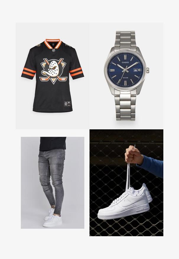 Mustapaitainen jääkiekkopaita, jossa on näkyvä valkoinen maskilogo, oranssit yksityiskohdat hihoissa ja V-kaulus, jossa on erottuvat raidat.; Kapeat farkut haalistuneessa harmaassa denimmateriaalissa, joissa on kuluneet yksityiskohdat polvissa, yhdistettyinä valkoisiin lenkkareihin. Suora pinta, kapea leikkaus.; Valkoiset nahkasneakersit, joissa on rei'ityksiä, pyöreä kärki, tasapohja ja paksut nauhat, joissa on näkyvä swoosh-logo ja "AIR" kantapäässä.; Harmaa ruostumaton teräs rannekello, jossa on tummansininen kellotaulu, metalliset tuntimerkit ja päivämääränäyttö kello 3:ssa. Vesitiivis 50 metriin asti.