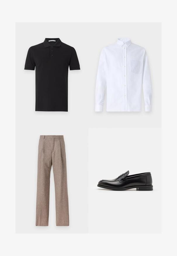 Čierna polo košeľa z mäkkej tkaniny, s golierom, trojradovým zapínaním na gombíky a krátkymi rukávmi s rebrovanými manžetami.; Biely dlhý rukáv košeľa s gombíkmi vyrobená z bavlny, s náprsného vrecka s tonálnou výšivkou, golierom a gombíkovými manžetami.; Hnedé, vysoké nohavice vyrobené z texturovanej látky. Majú široké nohavice a dva predné záhyby pre štruktúru. Úhľadné spracovanie bez viditeľného kovania.; Čierne kožené mokasíny s hladkou textúrou, zaoblenou špičkou a dekoračným pásikom cez priehlavok. Nízky vrstvený opätok, minimalistický dizajn.