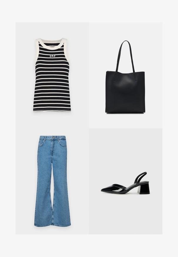 GAP LOGO HALTER - Top - black/white; Light blue flared jeans made of denim, featuring a high waist, five pockets, and a single button closure. Soft texture with faded finish.; Black patent leather slingback heels with a pointed toe and a geometric block heel. Features a sleek, minimal design and smooth texture.; Black leather tote bag with smooth texture, rectangular shape, and two long handles. No visible hardware or embellishments.