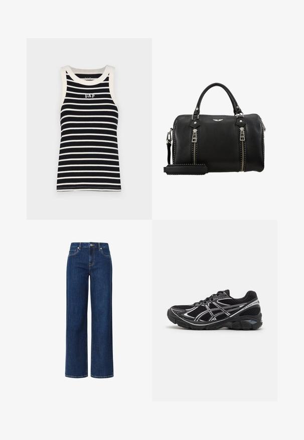 GAP LOGO HALTER - Felső - black/white; Sötétkék denim széles lábú farmer, sima textúrával, gombos és cipzáras záródással, öt zsebbel és kontrasztos varrással.; Fekete sportcipők szürke részletekkel, hálós anyag felsőrész, párnázott talp és mintázott gumitalp. Letisztult dizájn jellemzi.; Fekete bőr kézitáska, dupla ezüst cipzárral, felső fogantyúkkal, állítható pánttal és szegecselt díszítéssel a szélein. Texturált felület.