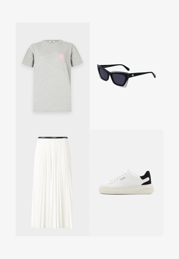 Szara bawełniana koszulka z okrągłym dekoltem, krótkim rękawem i różową grafiką łuku z promieniami słońca na lewej piersi.; Plisowana biała spódnica z czarnym elastycznym pasem z logo "LACOSTE". Średniej długości, o miękkiej teksturze.; Białe skórzane sneakersy z grubą białą podeszwą, czarnym zamszowym akcentem na pięcie oraz wytłoczonym logotypem z boku. Projekt z sznurówkami i sześcioma dziurkami.; Czarne, oversize okulary przeciwsłoneczne o geometrycznym kształcie, z ciemnymi soczewkami i kontrastującym szarym detalem na oprawie. Logo na ramieniu.