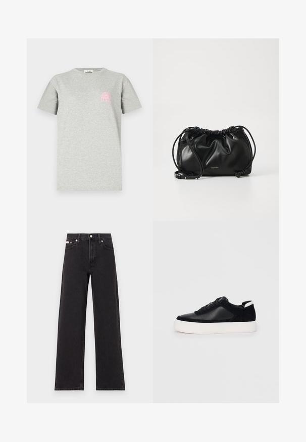 Harmaa puuvillapusero, jossa on pyöreä kaula-aukko, lyhyet hihat ja vasemmassa rinnassa vaaleanpunainen graafinenarkki auringonsäteillä.; Mustat leveälahkeiset farkut, jotka on valmistettu denimistä, korkeavyötäröinen malli, viisi taskua, metallinappi sulkemiseen ja kontrastivärinen ompelu.; Musta lenkkari sileällä nahka- ja mokkanahkapaneelilla, litteät nauhat, pyöreä varvas sekä valkoinen kumipohja. Erottuva logo kantapäässä.; Musta nahkainen käsilaukku, jossa on kerroksellinen muotoilu, kaksinkertainen nauhakiinnitys ja irrotettava olkahihna. Sisältää metallisen logo-yksityiskohdan.