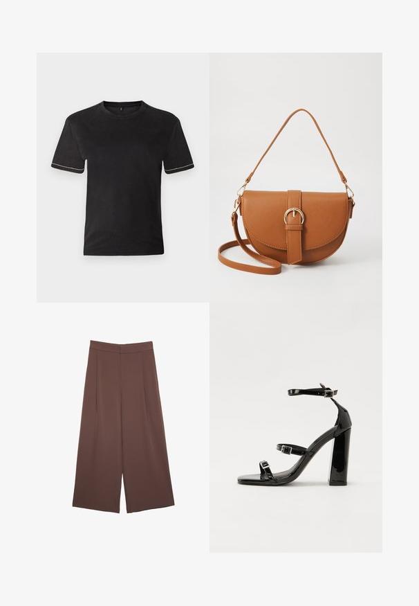 Čierne bavlnené tričko s krátkymi rukávmi, okrúhlym výstrihom a kontrastným bielym prešívaním na okrajoch rukávov. Hladká textúra, voľný strih.; Hnedé nohavice so širokými nohavicami a hladkou textúrou, s vysokým pásom a prednými skladmi. Tkanina je ľahká a voľne sa pohybuje.; Čierne lakované sandále na podpätku so štvorcovou špičkou, navlečenými remienkami okolo členku a striebornými prackami. Disponujú masívnym blokovým podpätkom pre stabilitu.; Hnedá kožená kabelka cez telo s zakriveným tvarom, zlatými kovovými doplnkami a akcentom s prackou. Obsahuje odnímateľný ramenný popruh.