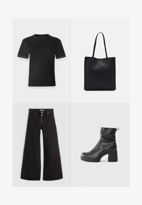 T-shirt en coton noir à manches courtes, col rond et surpiqûres blanches contrastantes au niveau des poignets. Texture lisse, coupe décontractée.; Jean large en denim noir avec une fermeture éclair à l'avant, un design à cinq poches et des détails de couture subtils. Texture lisse et style décontracté.; Bottes noires à la cheville en cuir lisse, dotées d'une fermeture éclair sur le côté, d'un talon épais texturé et d'une conception à bout rond.; Sac fourre-tout en cuir noir avec une texture lisse, de forme rectangulaire et deux longues poignées. Pas de matériel ou d'ornementations visibles.