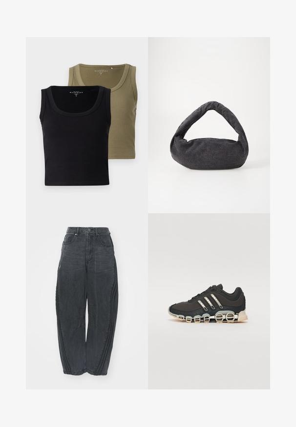 Fekete és olívazöld bordázott ujjatlan felsők széles pánttal és kerek nyakkivágással, puha tapintásúak és formázott kialakítással rendelkeznek.; Laza fekete farmernadrág, elhalványodott felülettel, öt zsebbel, derék gombos záródással és varrásokkal az elején és az oldalán.; Fekete sportcipő texturált felsőrésszel, három ezüst csíkkal, és egy jellegzetes párnázott talppal, amely több integrált szakaszból áll.; Sötét szürke szövet táska ívelt fogantyúval, puha tapintással és kerek formával. Nincs látható szerelvény vagy díszítés.