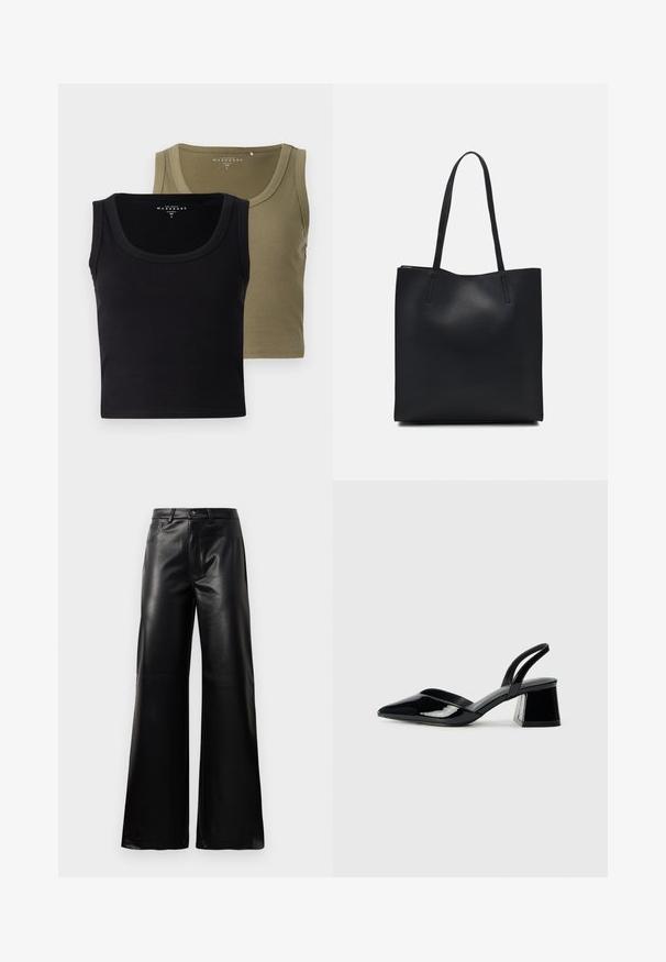 Zwarte en olijfgroene geribde tanktops met brede bandjes en een ronde halslijn, met een zachte textuur en een aansluitend ontwerp.; Zwarte high-waisted wide-leg neplederen broek met een voorste knoop, ritssluiting, riemlussen en zijzakken op een witte achtergrond.; Zwarte gepatineerde leren slingback hakken met een spitse neus en een geometrische blokhak. Kenmerkt zich door een slank, minimalistisch ontwerp en een gladde textuur.; Zwarte leren handtas met een gladde textuur, rechthoekige vorm en twee lange handvaten. Geen zichtbare hardware of versieringen.