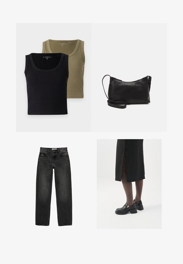 Zwarte en olijfgroene geribde tanktops met brede bandjes en een ronde halslijn, met een zachte textuur en een aansluitend ontwerp.; Zwarte denim jeans met een relaxte pasvorm, rechte pijpen, vijf-pocket ontwerp en een licht vervaagde textuur. Knop- en ritssluiting aan de voorkant.; Zwarte leren schoenen met een ronde neus, dikke blokhak en elastische zijkanten, gecombineerd met donkere panty's en een zwarte rok met een split.; Zwarte leren schoudertas met een gladde textuur, gebogen vorm, verstelbare schouderband en een ritsafsluiting. Minimalistisch ontwerp zonder versieringen.