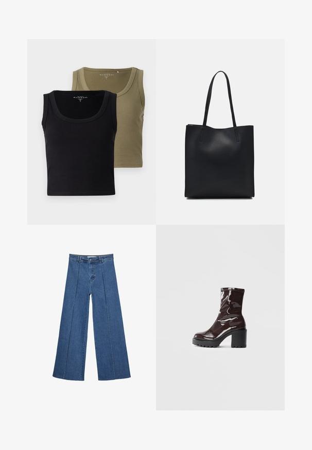 Schwarz- und olivgrüne gerippte Tanktops mit breiten Trägern und einem runden Ausschnitt, die eine weiche Textur und eine figurbetonte Passform bieten.; Weite Jeans aus Denim in Mittelblau, mit hoher Taille, Knopfverschluss und kontrastierenden vertikalen Nahtdetails an der Vorderseite.; Glatte bordeauxrote Ankle Boots mit einem klobigen schwarzen Absatz, die eine glatte Oberfläche und ein einfaches Design aufweisen. Keine sichtbaren Verschlüsse oder Muster.; Schwarze Laptoptasche aus Leder mit glatter Textur, rechteckiger Form und zwei langen Griffen. Keine sichtbaren Beschläge oder Verzierungen.