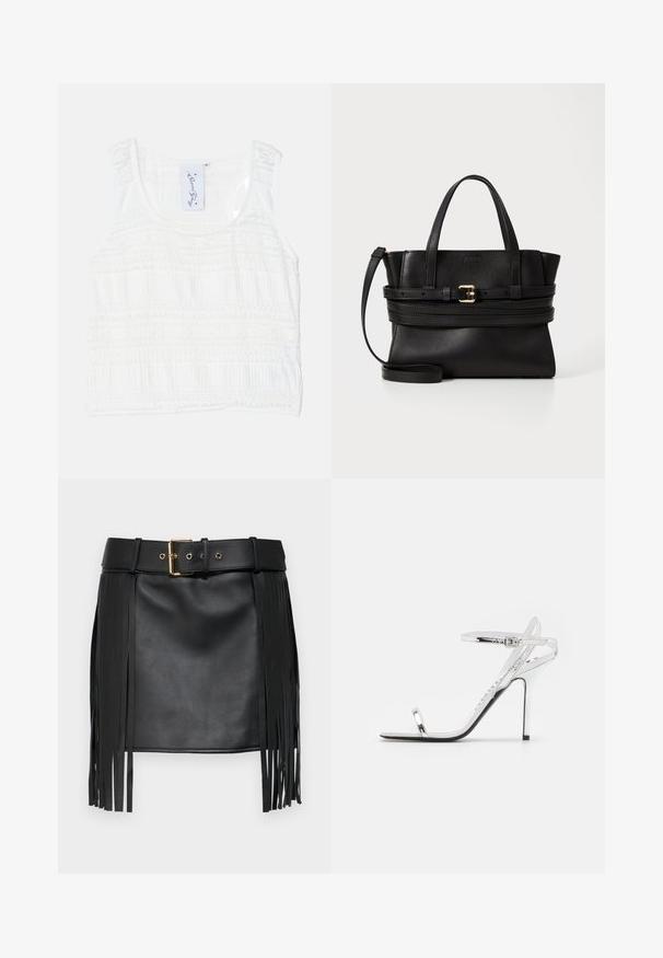 Top alb fără mâneci, dintr-un material texturat, cu modele de dungi orizontale. Bretele ajustabile și un decolteu rotund cu cusături detaliate.; Fustă din piele ecologică neagră cu detalii franjurate. Prezintă o centură largă cu o cataramă aurie și multiple găuri de ajustare. Textură netedă.; Sandalie cu toc înalt argintii, cu curele subțiri și un design elegant. Prezentând un vârf ascuțit și un toc stiletto, echilibrate de o talpă neagră.; Geantă de mână din piele neagră cu un design structurat, mânere superioare duale, curea detașabilă și accente din aur pe o bandă orizontală.