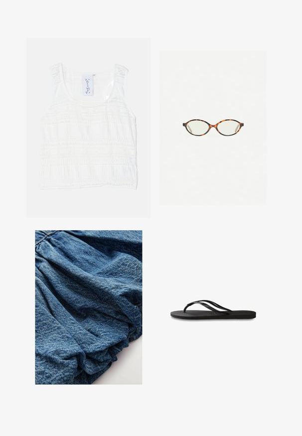 Weißes ärmelloses Top aus strukturiertem Stoff mit horizontalen Streifenmustern. Verstellbare Träger und ein runder Halsausschnitt mit detaillierter Naht.; Denimstoff in einem tiefen Blauton, mit geraffter Textur, die sanfte Falten erzeugt. Glatte Oberfläche mit subtilen Farbvariationen.; Schwarze Flip-Flops mit einer strukturierten Gummisohle, zwei schlanken Riemen und einem dezenten, geprägten Logo-Detail auf dem Riemen.; Schildpatt-Eyegläser mit ovalen Gläsern und einer eleganten, glatten Oberfläche. Mit dünnen Seiten und einer subtilen Kurve an den Schläfen. Klare Gläser.; Graue Wildleder-Tasche mit einem lässigen Design, breitem Schultergurt und einer großen Öffnung. Verfügt über dezente Nähte und Basisnieten für Stabilität.