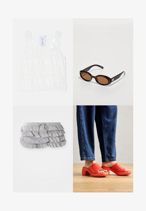 Top sin mangas blanco con tejido texturizado, con patrones de rayas horizontales. Tirantes ajustables y un cuello redondo con costuras detalladas.; Falda gris con volantes y diseño de tela en capas, cintura con cordón, textura suave, bordes acabados y volantes en cascada.; Sandalias de slide moldeadas en rojo con la punta abierta, que cuentan con un tacón redondeado y grueso, y una textura suave. Combinadas con unos pantalones vaqueros azules.; Gafas de sol marrón carey con lentes ovalados, que presentan un marco delgado y un pequeño acento metálico en el lateral. Acabado texturizado y pulido.