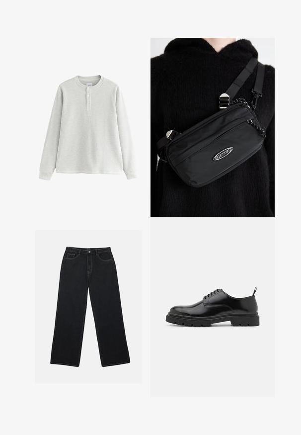 Lichtgrijs shirt met lange mouwen met een geribbelde textuur, ronde hals en een deels openstaande kraag met drie knopen.; Zwarte denim wijde pijpen broek heeft een hoge taille, frontzakken en contrasterende stiksels. De stof heeft een zachte, licht gestructureerde afwerking.; Zwarte leren veterschoenen met een ronde neus, gladde textuur en geribbelde rubberen zool. Heeft een kleine hak en een lus aan de achterkant.; Zwarte nylon crossbody tas met een verstelbare schouderriem, met een gladde textuur, een voorzak met rits en een logo-accent.