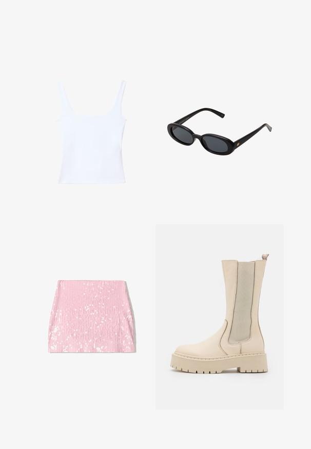 Top bianco senza maniche con scollatura quadrata, spalline larghe e vestibilità aderente. Realizzato in tessuto liscio e elasticizzato per garantire comfort.; Gonna mini in paillettes rosa con texture a coste verticali, caratterizzata da una silhouette aderente e paillettes scintillanti su tutta la superficie.; Stivaletti beige che presentano un corpo in pelle texturizzata, pannelli laterali elastici e una suola con piattaforma spessa dotata di un design a battistrada robusto.; Occhiali da sole neri oversize con lenti ovali, montatura in plastica liscia e accenti dorati sulle tempie. Le lenti scure offrono protezione dal sole.