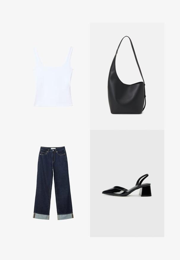 Hvid tanktop med firkantet halsudskæring, brede stropper og tætsiddende pasform. Lavet af glat, strækbart stof for komfort.; Mørkeblå vide jeans med højt talje, med opfoldede vamsser, kontrastsyning og fem-lommers design. Lavet af denim stof.; Sorte patentlæder slingback hæle med spids tå og en geometrisk blok hæl. Har et elegant, minimalistisk design og en glat tekstur.; Sort læder hobo taske med en glat overflade, buet form og en enkelt justerbar rem; har en bred åbning øverst.