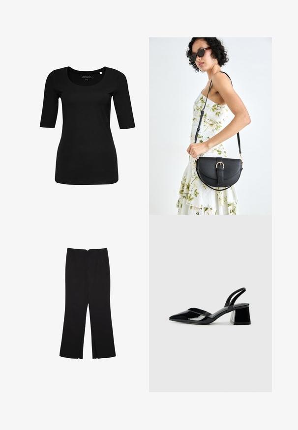 Sort, tætsiddende t-shirt med rund halsudskæring og trekvartærmer lavet af en glat, strækbar bomuldsblanding. Ingen synlige mønstre eller udsmykninger.; Sorte bukser med lige pasform, der har frontlommer og slidser i kanten. Lavet af blødt, glat stof. Velegnet til forskellige anledninger.; Sorte patentlæder slingback hæle med spids tå og en geometrisk blok hæl. Har et elegant, minimalistisk design og en glat tekstur.; Sort læderhåndtaske med en buet form, aftagelig rem og guldfinish. Tasken har en klap med en spænde detalje.