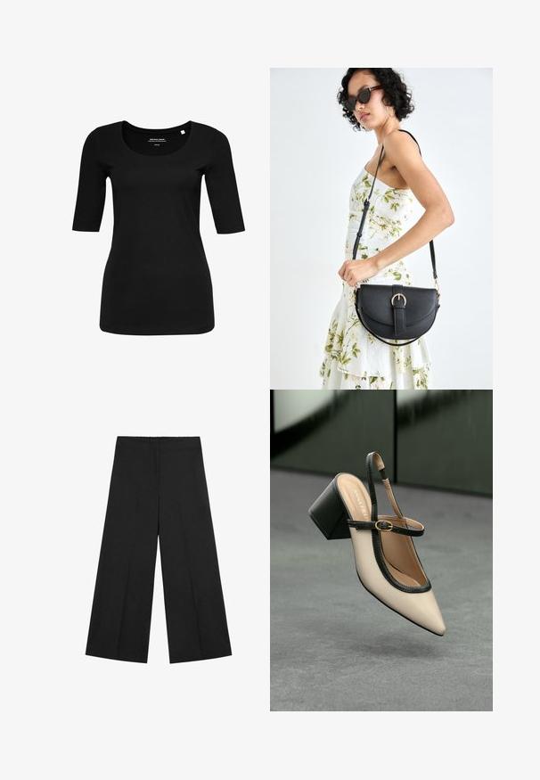 T-shirt nera, aderente, con scollatura arrotondata e maniche a tre quarti, realizzata in un morbido e elastico misto cotone. Senza motivi visibili o decorazioni.; Pantaloni neri a gamba larga con elastico in vita. Realizzati in tessuto leggero, con una trama liscia e un design pulito e minimalista.; Scarpa slingback beige con tacco alto, punta appuntita, rifinitura nera e dettaglio con fibbia. Materiale liscio con finitura opaca, tacco a blocco medio.; Borsa a tracolla nera in pelle con una forma curva, manico rimovibile e accessori dorati. La borsa presenta una patta con un dettaglio a fibbia.