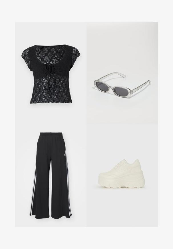 BDG Urban Outfitters QUINN CAP SLEEVE - Top - charcoal; Black wide-leg sweatpants with an elastic waistband, featuring white side stripes and an embroidered logo on the left thigh.; White platform sneakers featuring a smooth leather-like upper, rounded shape, padded collar, and textured rubber sole with defined treads.; Sunglasses with an oval shape, clear plastic frame, dark gray lenses, and thin transparent arms featuring logo accents and minimal detailing.; Black leather handbag with a curved shape, detachable strap, and gold hardware. The bag features a flap with a buckle detail.