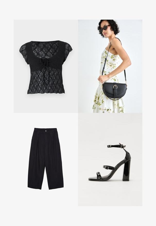 BDG Urban Outfitters QUINN CAP SLEEVE - Toppi - charcoal; Musta polyesterinen culotte-housut, jossa on joustava vyötärö, kaksi etupleettiä ja löysä siluetti. Ei näkyviä kuvioita tai metallisia yksityiskohtia.; Musta kiiltävä korkokenkä sandaalit neliönmuotoisella varpaalla, nilkkaremmillä ja hopeisilla soljilla. Varustettu tukevalla lohkokorkealla vakauden takaamiseksi.; Musta nahkainen käsilaukku, joka on kaareva muotoilultaan, irrotettavalla hihnalla ja kultaisilla yksityiskohdilla. Laukussa on läppä, jossa on solk yksityiskohta.