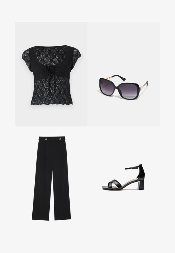 BDG Urban Outfitters QUINN CAP SLEEVE - Topp - charcoal; Mustad laiad püksid kõrge vöökoha ja nööpdetailidega vööandil, esikortsudega.; Must mustaga avatud varvastega kontsasaapad, millel on ristatud rihmad, reguleeritav pahkluu riba ja tükike konts, millel on sile nahk tekstuur.; Mustad ümarad päikeseglaasid, millel on gradient objektiivid, paksud raamid ja kuldse tooni kettaga kaunistused tempelitel.; Must musta kott, millel on struktureeritud kuju, sile tekstuur ja metallist klamber. Kombineeritud laiate mustade pükstega ja avatud varvaste sandaalidega puidust põrandal.