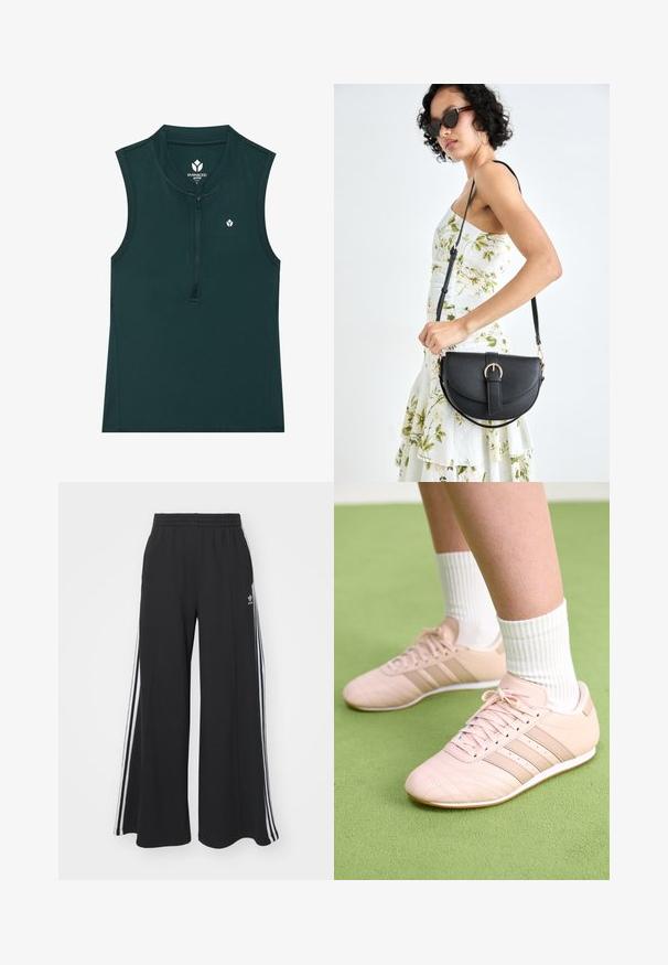 Zeleno brezrokavno aktivno zgornje oblačilo z visokim ovratnikom in sprednjim zadrgo; gladka tekstura z majhnim logotipom na prsih. Primerno za šport.; Črne široke trenirke z elastičnim pasom, ki imajo bele stranske proge in vezeno logo na levi stegna.; Svetlo roza športni čevlji z diagonalnim šivom, belimi podplati in tremi stranskimi črtami. Oblečeni z rebrastimi belimi nogavicami na zeleni površini.; Črna usnjena torbica s ukrivljeno obliko, z odstranljivo naramnico in zlatimi dodatki. Torbica ima pokrov s podrobnostmi v obliki zaponke.