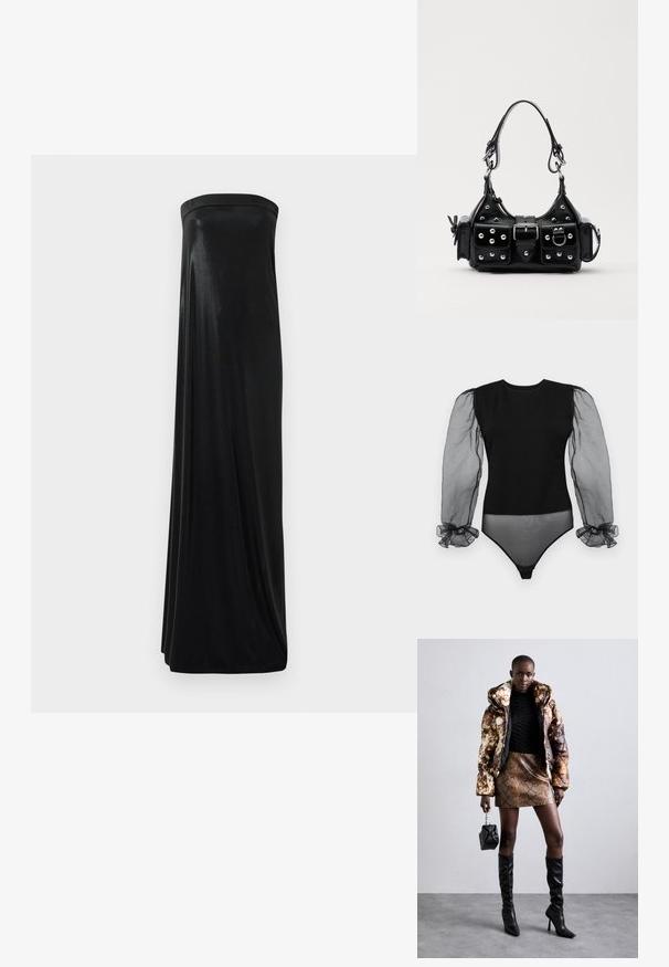 Black bodysuit featuring a solid fabric body and transparent, puffed sheer sleeves with ruffled cuffs. Smooth texture and fitted design.; Black strapless maxi dress made of smooth, shiny fabric. Features a fitted bodice and flowing silhouette, reaching the floor without embellishments.; Puffer jacket with a brown and black pattern, paired with a brown snake print mini skirt, black knee-high boots, and a small black bag.; Black leather handbag with a curved design, featuring silver studs, a buckle, and two side pockets. Adjustable strap for carrying options.
