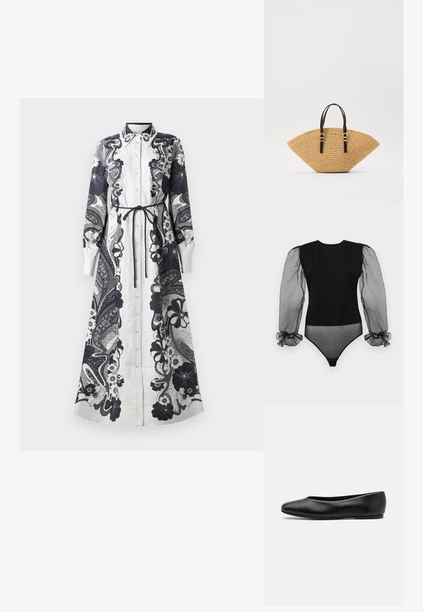 Bodysuit noir avec un corps en tissu uni et des manches transparentes, bouffantes et en organza avec des poignets à volants. Texture lisse et design ajusté.; Robe longue à boutons fabriquée à partir d'un tissu léger. Principalement blanche avec des motifs floraux et paisley en bleu marine complexes. Détail de taille nouée.; Paul Smith TOPANGA - Ballerines - black; Sac en paille avec une forme de ventilateur unique, texture tissée beige et anses en cuir noir avec boucles dorées. Bandoulière ajustable pour plus de polyvalence.