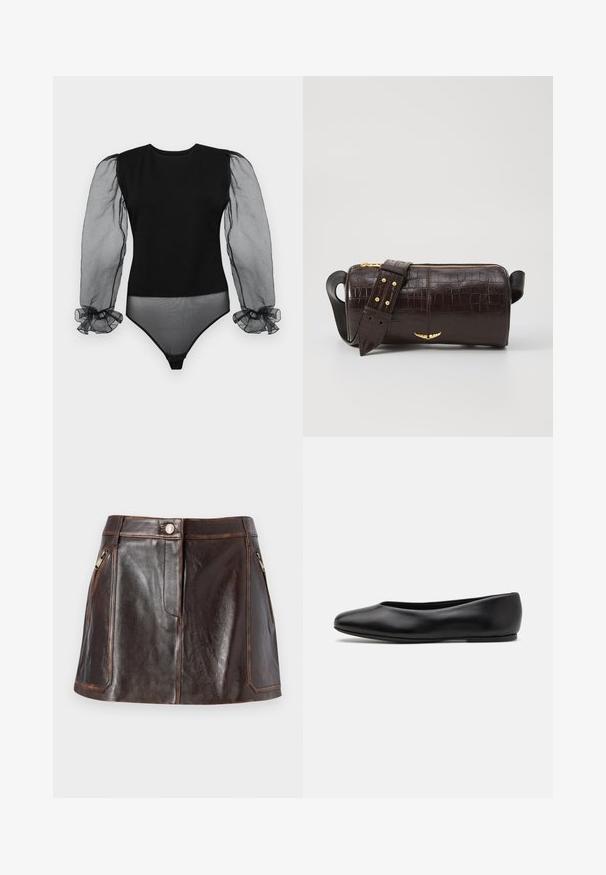 Schwarzer Bodysuit mit einem einfarbigen Stoffoberteil und transparenten, gepufften, durchsichtigen Ärmeln mit Rü schen. Glatte Textur und figurbetontes Design.; Brauner Leder-Minirock mit einem eleganten Design, zwei mit Reißverschluss versehenen Seitentaschen und kontrastierenden Nähten entlang der Kanten.; Paul Smith TOPANGA - Klassischer Ballerina - black; Braune, krokodilgeprägte Lederhandtasche mit zylindrischer Form, goldfarbener Hardware und einem abnehmbaren Tragegurt mit Nieten.