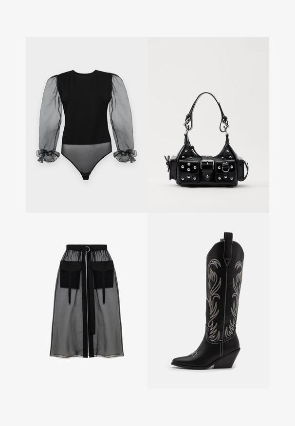 Must must kleit, millel on ühtlane kangas keha ja läbipaistvad, puffitatud sheer varrukad rüüstatud mansettidega. Sile tekstuur ja sobiv disain.; Must mustriga seelik, millel on kogutud vöökoht, kaks suurt esitaskut, vöötie ja ringikujuline metallaktsent.; Mustad mustad nahast cowboy saapad terava ninaga, vööndkanna ja hõbedaste tikanditega lillemustritega varred. Kontrastõmblused üle kogu.; Must värvi nahast käekott, millel on kaarjas disain, hõbedased nupukesed, kinnitusahe ja kaks külgtaskut. Reguleeritav rihm erinevate kandmisvõimaluste jaoks.